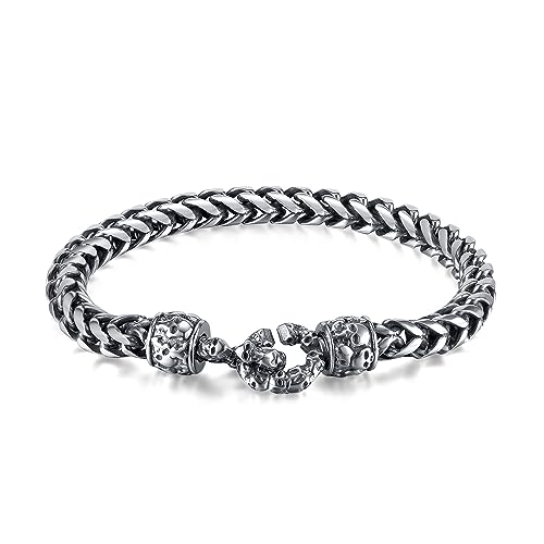 Rockyu ブレスレット メンズ シルバー スカルチェーン 髑髏モチーフ ステンレス 金属アレルギー対応