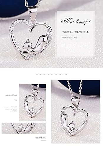 Rockyu 猫モチーフ ネックレス レディース 925純銀 ハートペンダント キュービックジルコニア