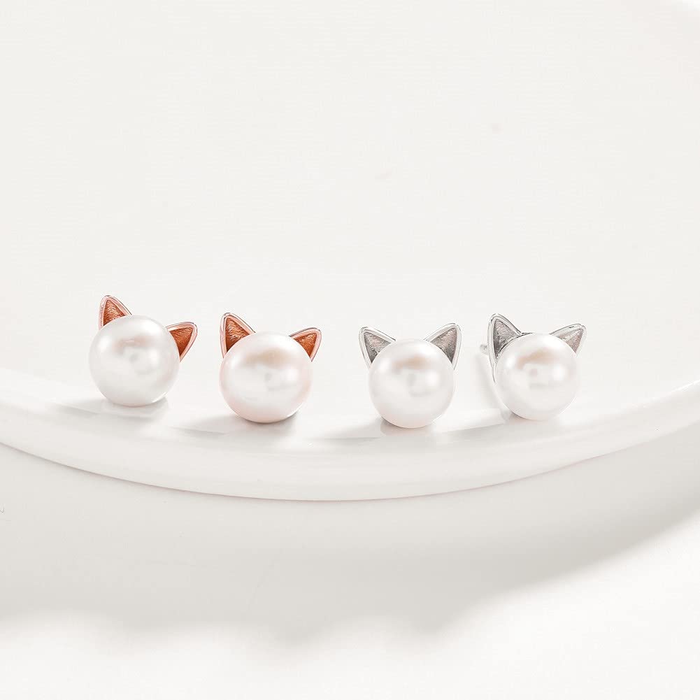 Rockyu ピアス レディース パール 猫耳 ピンクゴールド シルバー925 スタッド 淡水真珠 アレルギー対応