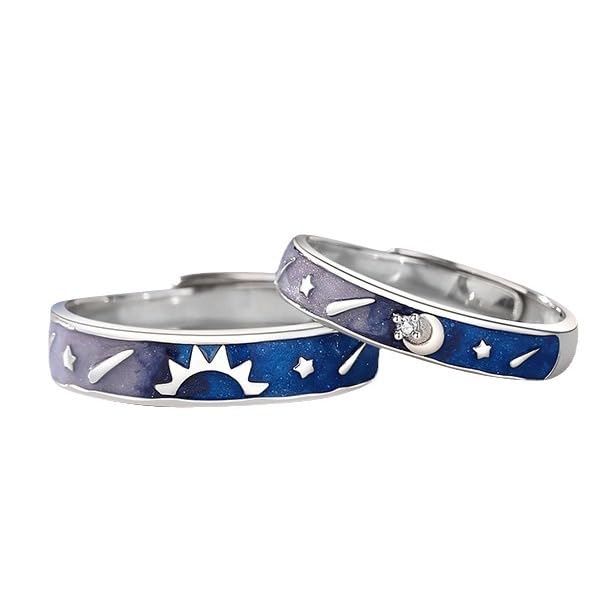Rockyu ペアリング カップルリング 925シルバー 日月デザイン 宇宙 星月モチーフ エナメル加工 記念日 調整可能