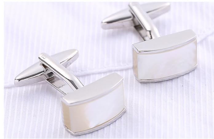 Rockyu カフス メンズ 白蝶貝 シルバー 長方形 貝殻カフリンクス ビジネス