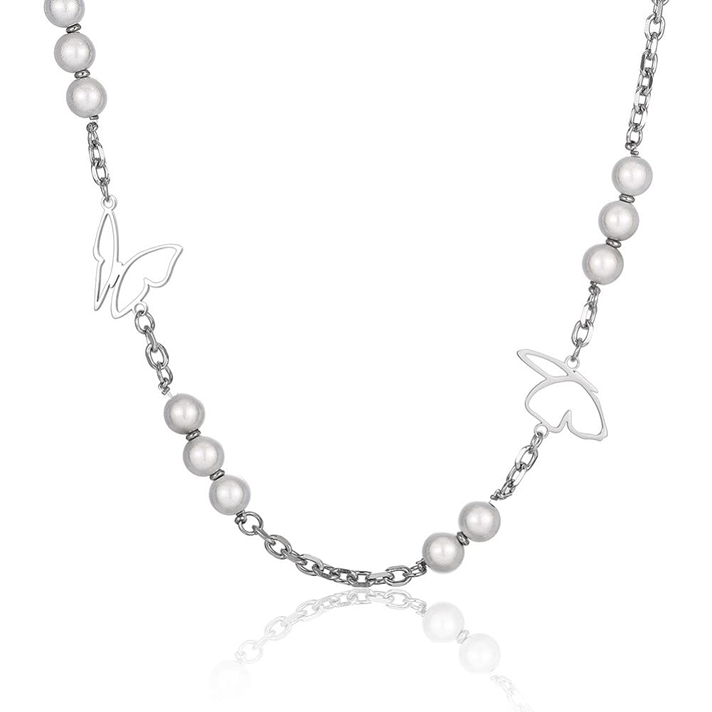 Rockyu ネックレス レディース 蝶々 パール シルバー チェーン 長さ50cm+5cm チタン 金属アレルギー対応 可愛い ブリンブリン アクセサリー
