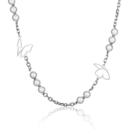 Rockyu ネックレス レディース 蝶々 パール シルバー チェーン 長さ50cm+5cm チタン 金属アレルギー対応 可愛い ブリンブリン アクセサリー