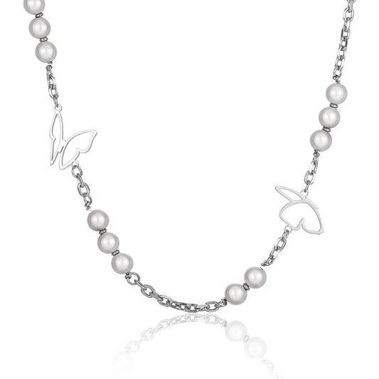 Rockyu ネックレス レディース 蝶々 パール シルバー チェーン 長さ50cm+5cm チタン 金属アレルギー対応 可愛い ブリンブリン アクセサリー
