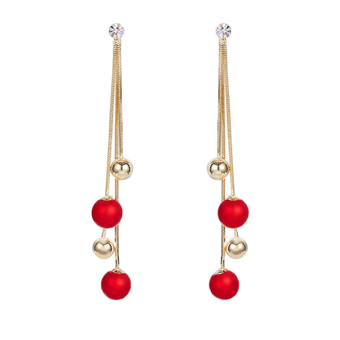 Rockyu レディースロングチェーンピアス 三連ボール 揺れるデザイン レッド＆パール ゴールド仕上げ