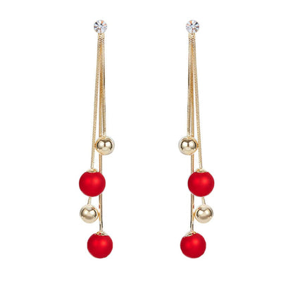 Rockyu レディースロングチェーンピアス 三連ボール 揺れるデザイン レッド＆パール ゴールド仕上げ