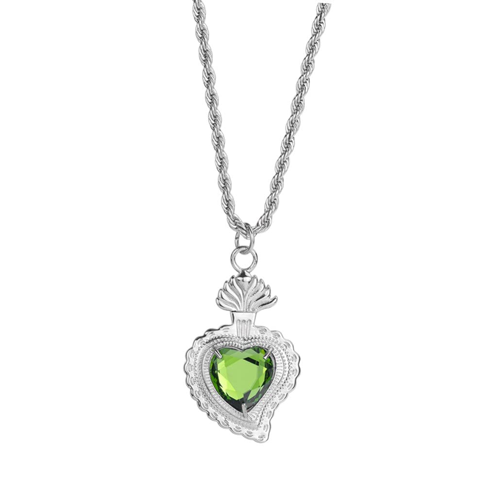 Rockyu ネックレス メンズ レディース シルバー ロープチェーン 50cm+5cm ハートネックレス グリーン/ブルー/レッド/イエロー/ホワイト チタン 金属アレルギー対応 ペンダント アクセサリー