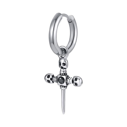 Rockyu ピアス メンズ ステンレス フープ クロス＆モチーフ シルバー ブラックジルコニア ヴィンテージ風