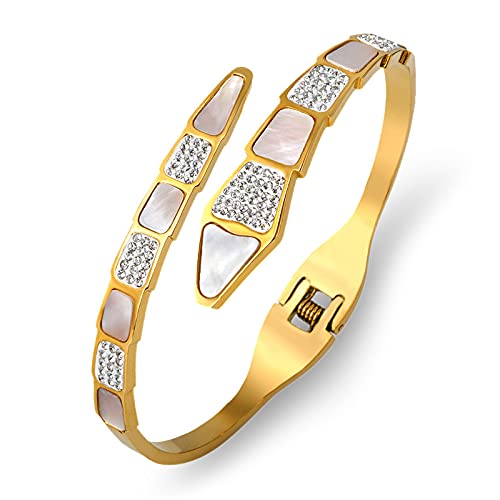 Rockyu 蛇モチーフ チタン製バングル レディース – ジルコニア×シェルの華やかブレスレット（3色展開）