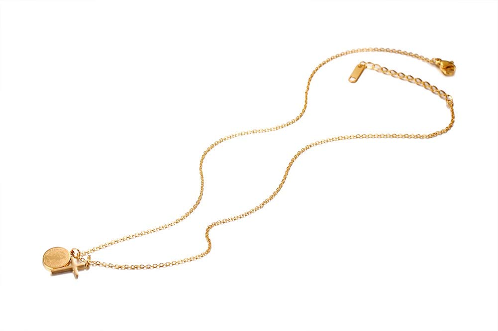 Rockyu クロス＆コインペンダント レディースネックレス ステンレス製 18Kゴールド仕上げ