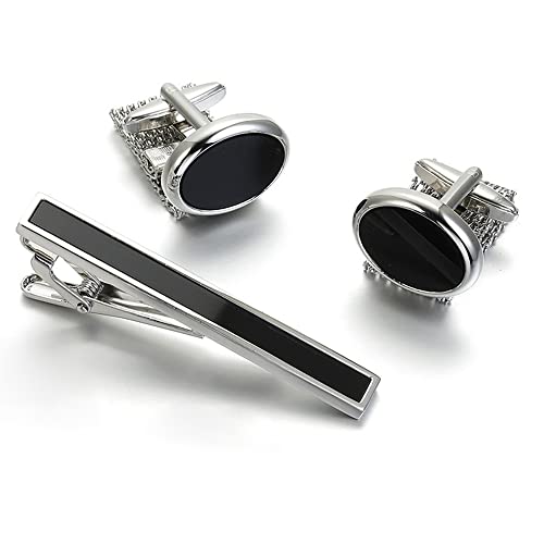 Rockyu ネクタイピン カフスセット メンズ 黒 楕円 ステンレス ビジネス