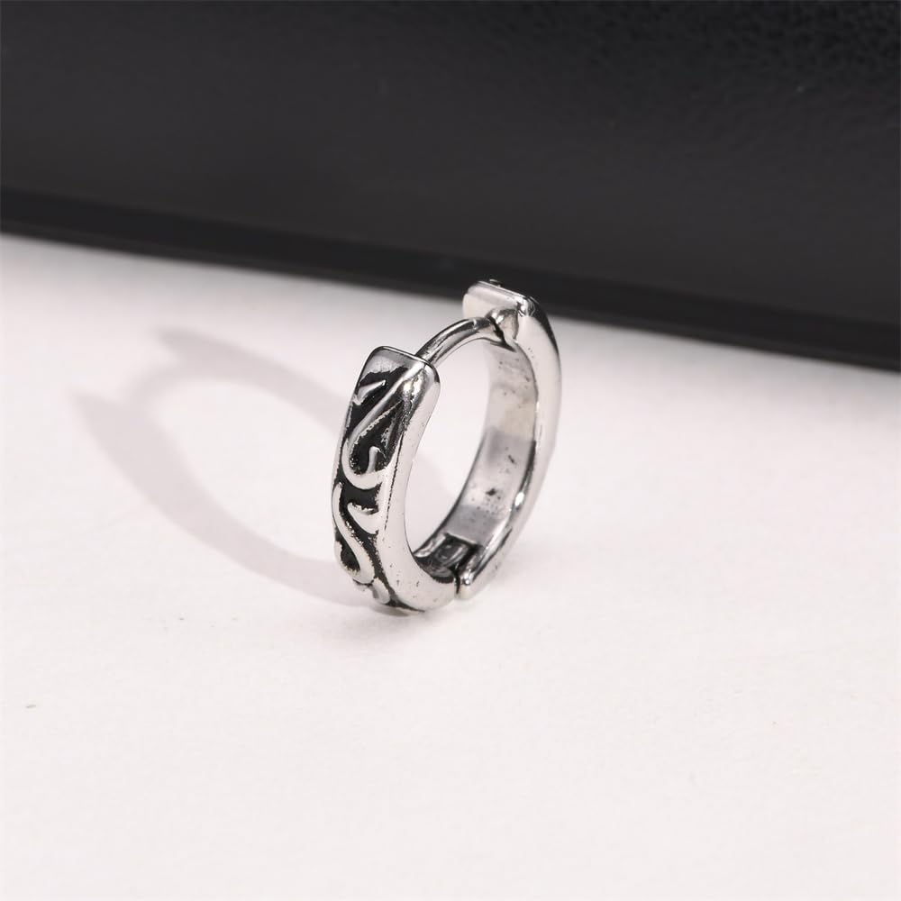 Rockyu メンズ フープピアス シルバー ステンレス 彫刻デザイン 片耳用 小さめ 金属アレルギー対応