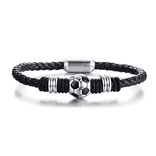 Rockyu メンズ 本革サッカーモチーフブレスレット ブラック 編み込みレザー 2サイズ展開