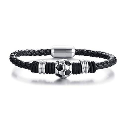 Rockyu メンズ 本革サッカーモチーフブレスレット ブラック 編み込みレザー 2サイズ展開