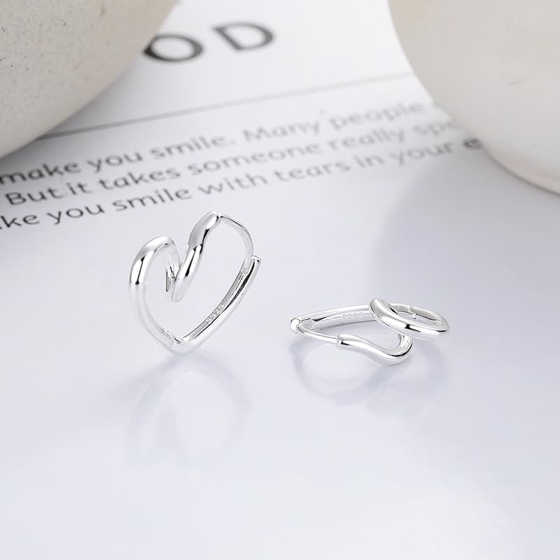 Rockyu S925シルバー＆ゴールド 不規則ツイストハート フープピアス レディース