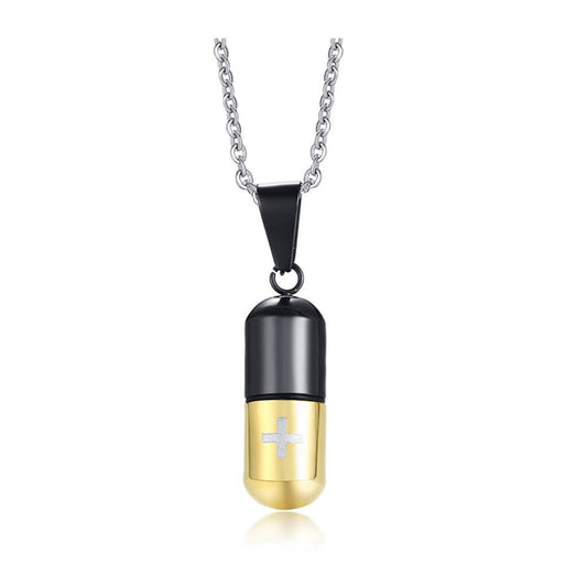 Rockyu カプセル型ネックレス 十字架刻印 ステンレス製 男女兼用 チタンカラーアクセサリー