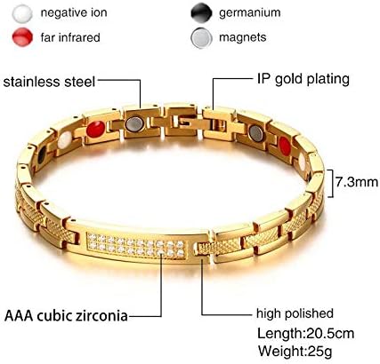 Rockyu 磁気ブレスレット レディース メンズ ゴールド ステンレス ジルコニア配列 プレートデザイン ゲルマニウム内蔵