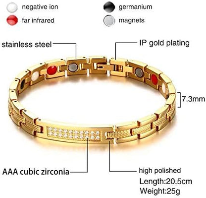Rockyu 磁気ブレスレット レディース メンズ ゴールド ステンレス ジルコニア配列 プレートデザイン ゲルマニウム内蔵