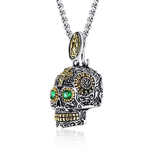 Rockyu メンズ メキシカンスカルネックレス 緑目 髑髏デザイン ステンレスチェーン 60cm