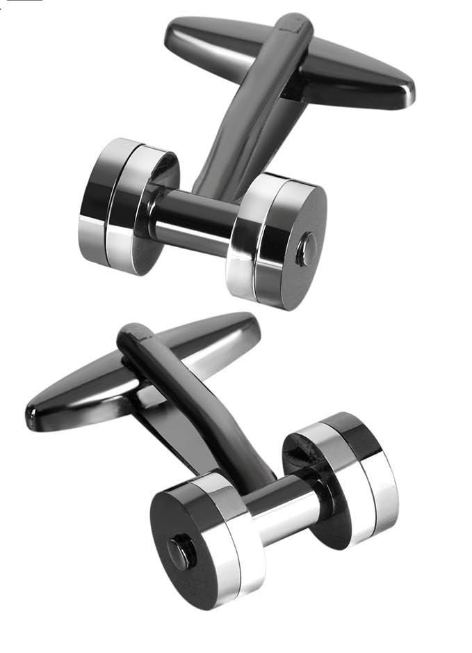 Rockyu カフスボタン メンズ 銀色×銃黒色 ステンレス ダンベル型 スポーツ風 ビジネス フォーマル 結婚式 パーティー用