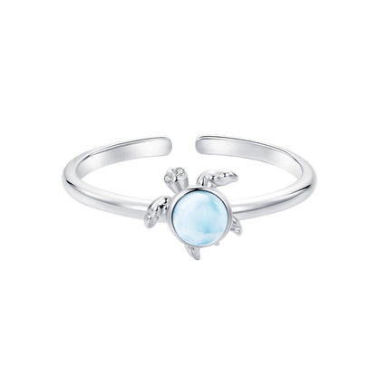 Rockyu シータートルリング レディース ブルーオパール調 925シルバー 調節可能指輪