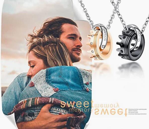 Rockyu ペアネックレス カップル用 王冠×2連リングデザイン ジルコニア付き