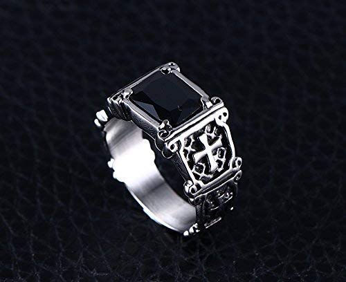 Rockyu 十字架スクエアリング メンズ アンティーク調クロス×赤黒ストーン指輪