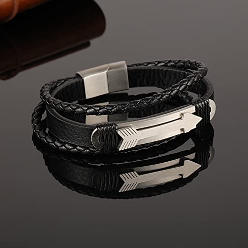 Rockyu ブレスレット メンズ 本革 多重編み込み 矢印モチーフ ゴールド＆シルバー アジアン風