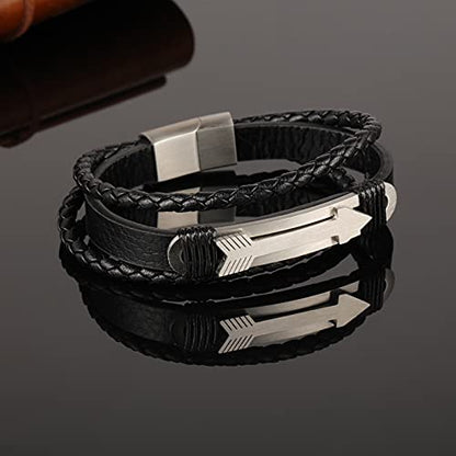 Rockyu ブレスレット メンズ 本革 多重編み込み 矢印モチーフ ゴールド＆シルバー アジアン風