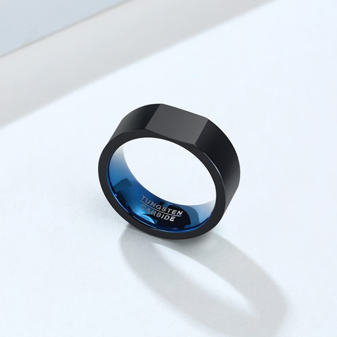 Rockyu タングステン リング メンズ ブルー×ブラック 8mm幅 重厚リング 高硬度鏡面仕上げ