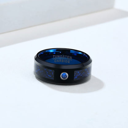 Rockyu タングステンリング メンズ 龍紋デザイン 8mm 幅広 AAAジルコニア ブルー×ブラック