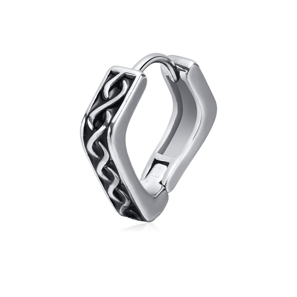 Rockyu メンズ フープピアス シルバー ステンレス 彫刻デザイン 片耳用 小さめ 金属アレルギー対応