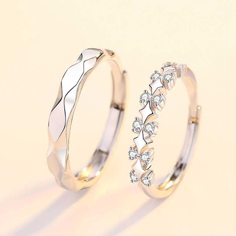 Rockyu ペアリング 2個セット シルバー925 王冠デザイン＆ウェーブデザイン フリーサイズ 調整可能