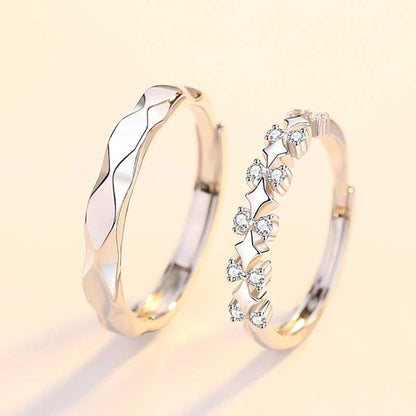 Rockyu ペアリング 2個セット シルバー925 王冠デザイン＆ウェーブデザイン フリーサイズ 調整可能