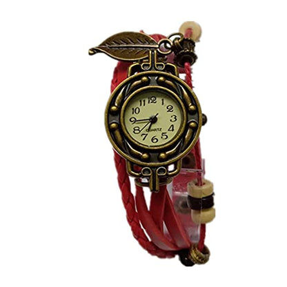 Rockyu リーフチャーム付き レザーブレスレットウォッチ【全7色・手作り】