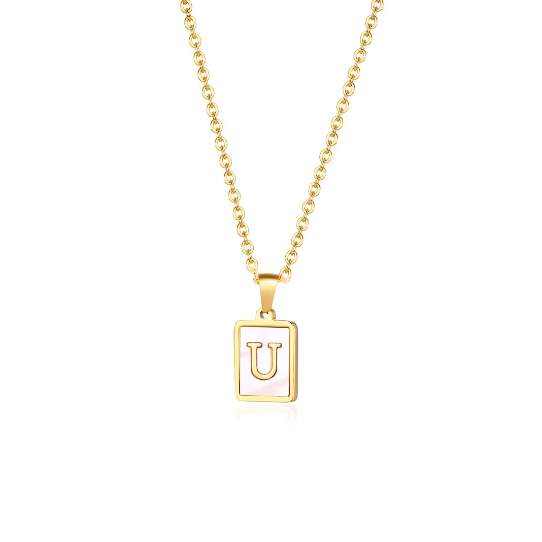 Rockyu ネックレス レディース ゴールド ホワイト イニシャルスクエアペンダント あずきチェーン ステンレス製 ギフトや記念日に