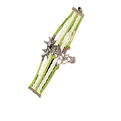 【平和の象徴ブレス】鳥＆生命の木モチーフ 編み込みブレスレット｜グリーン×ホワイト 男女兼用