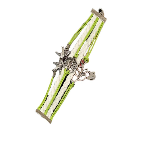 【平和の象徴ブレス】鳥＆生命の木モチーフ 編み込みブレスレット｜グリーン×ホワイト 男女兼用