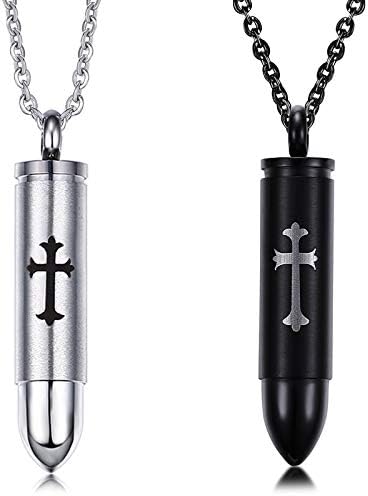 Rockyu 薬ケースネックレス メンズ ステンレス製 弾丸モチーフ 十字架刻印付き