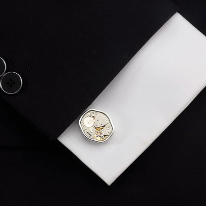 Rockyu メンズカフス 楕円時計デザイン 機械式モチーフ シルバー ビジネス カフリンクス