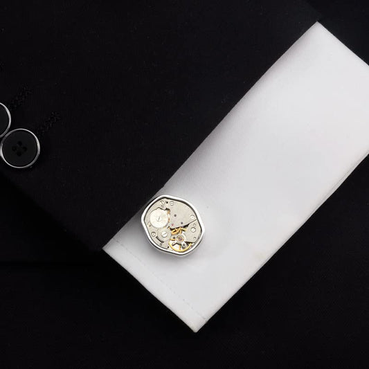 Rockyu メンズカフス 楕円時計デザイン 機械式モチーフ シルバー ビジネス カフリンクス