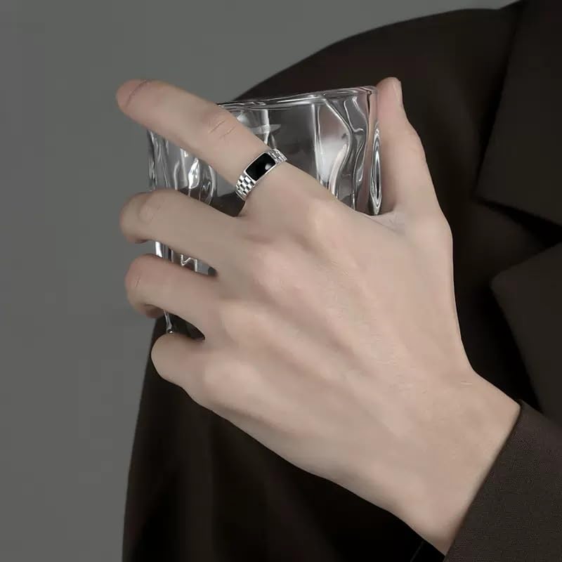 Rockyu 指輪 メンズ シルバー925 チェッカーデザイン ブラックオニキス調 フリーサイズリング おしゃれ シンプル モダンデザイン