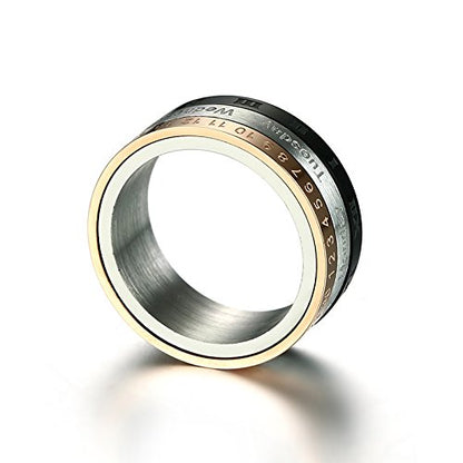 Rockyu 回転リング メンズ ステンレス製 8mm幅 ローマ数字＆曜日刻印 ブラック×ローズゴールド