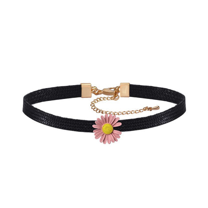 Rockyu チョーカー レディース 黒 レザー フラワー 雛菊 ペンダント 革紐チェーン