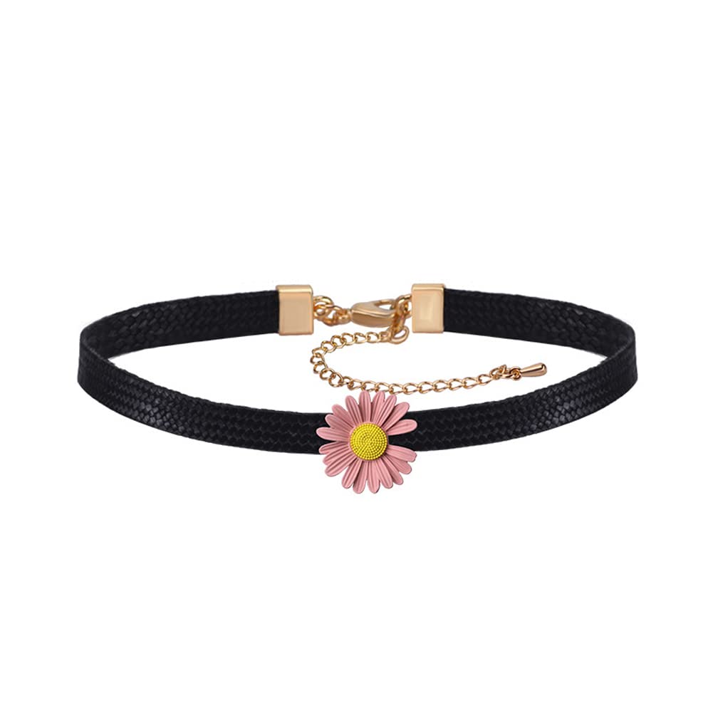 Rockyu チョーカー レディース 黒 レザー フラワー 雛菊 ペンダント 革紐チェーン