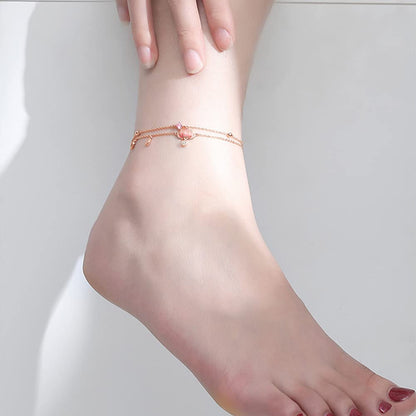 Rockyu アンクレット レディース ピンクゴールド 蓮華チャーム 二連チェーン 紫ジルコニア ステンレス 金属アレルギー対応