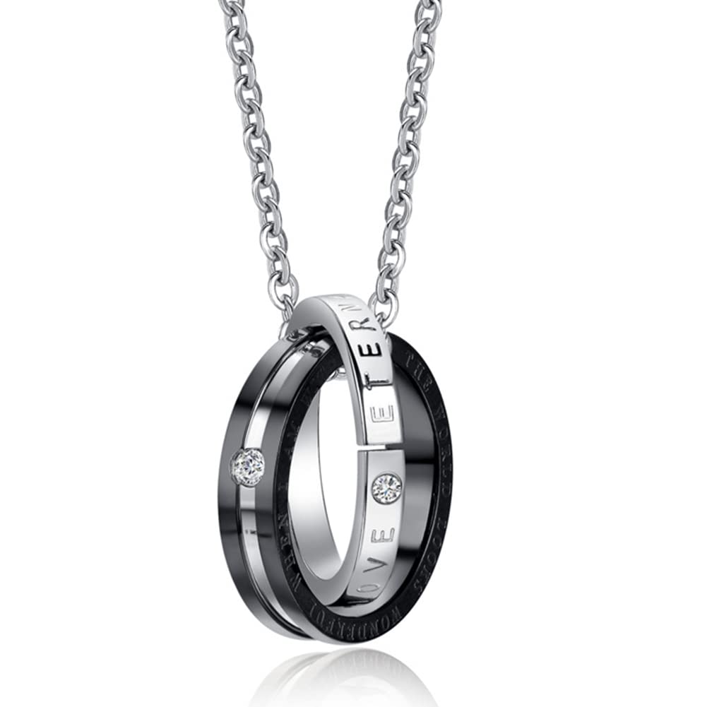 Rockyu 永遠の愛 ペアリングネックレス – 2連ステンレスリング×ジルコニア