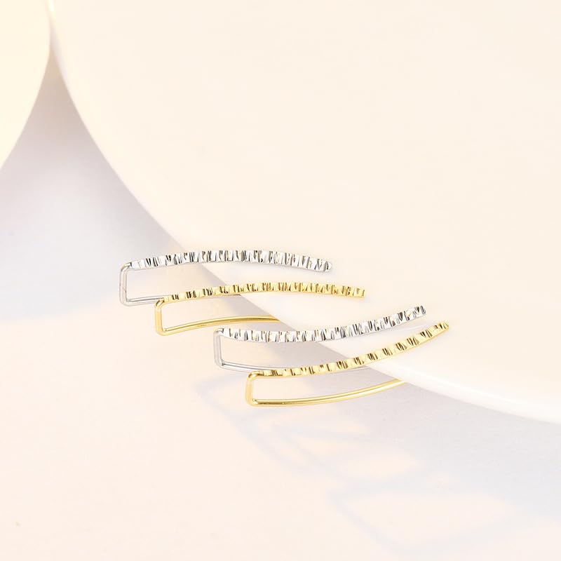 Rockyu レディースイヤーカフ ノンホールピアス カーブデザイン シルバー＆ゴールド 凹凸模様 手作り風 アクセサリー