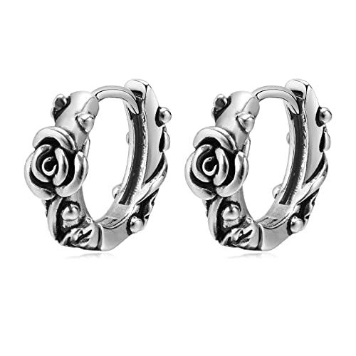 Rockyu メンズ ピアス 薔薇モチーフ フラワーフープ シルバー ステンレス製 金属アレルギー対応