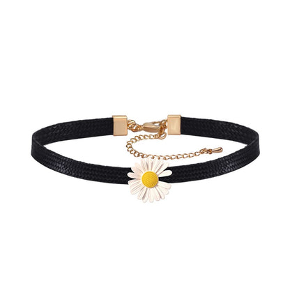 Rockyu チョーカー レディース 黒 レザー フラワー 雛菊 ペンダント 革紐チェーン